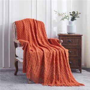 Orange Knit Throw Blanket 50x60 Soft Cozy Lightweight Acrylic Fringed Sofa Bed